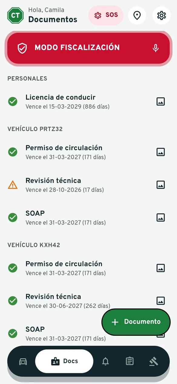 Pantalla de documentos guardados en la app