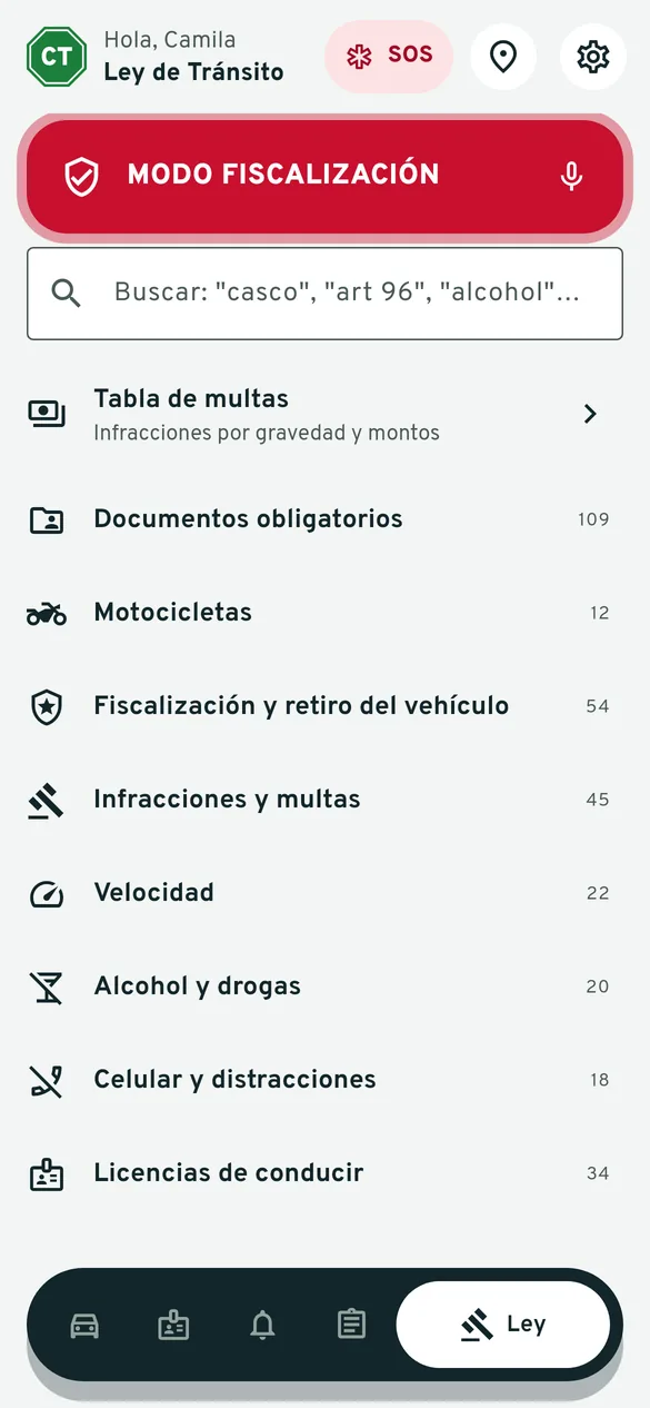 Pantalla de la Ley de Tránsito con la tabla de multas y temas